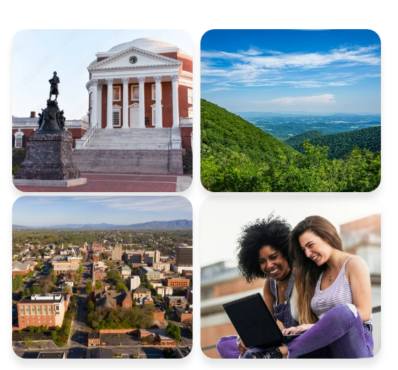 collage of virginia images, government building, mountains, city, two women watching video on laptop